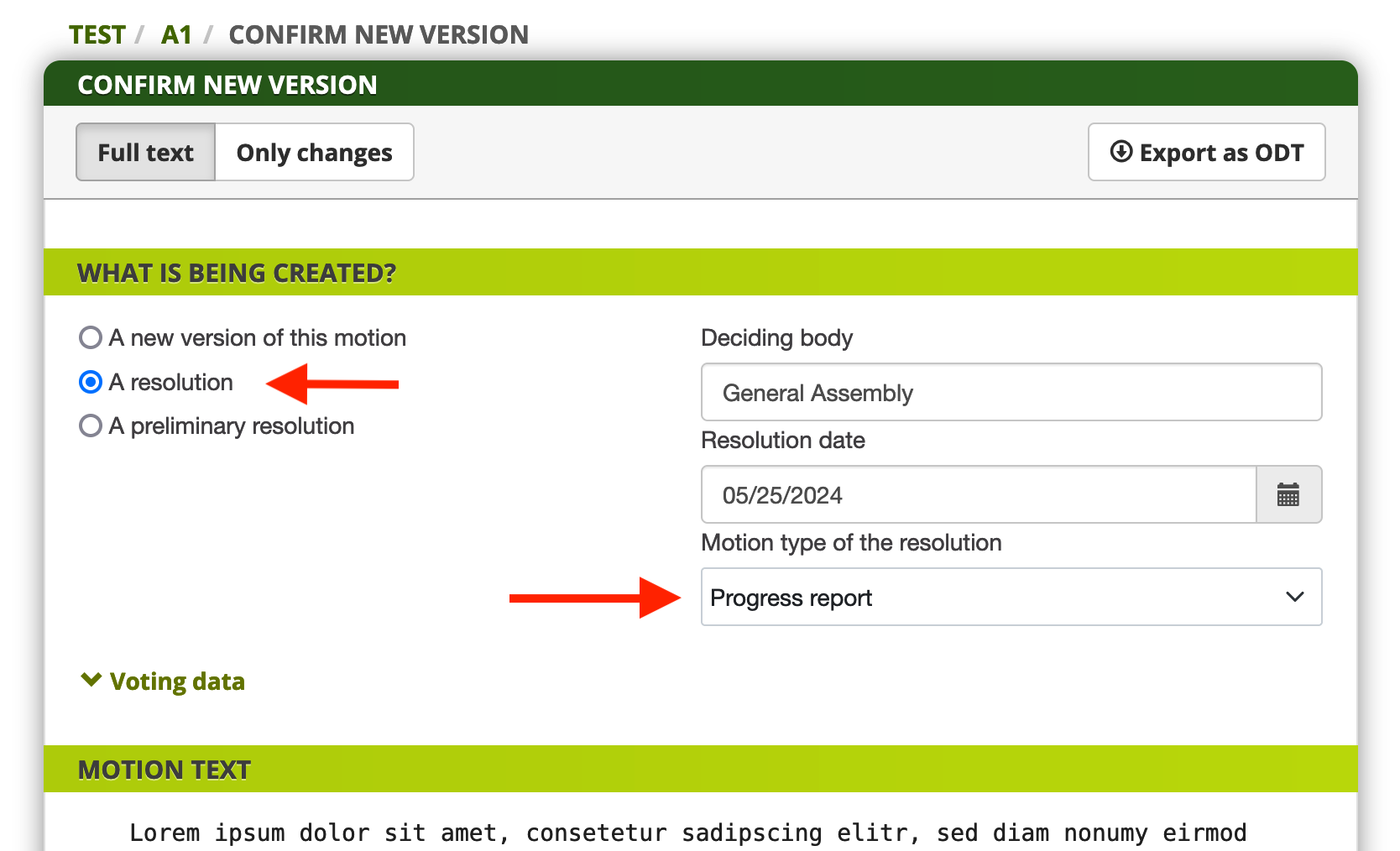 Screenshot: Creating a resolution with progress report